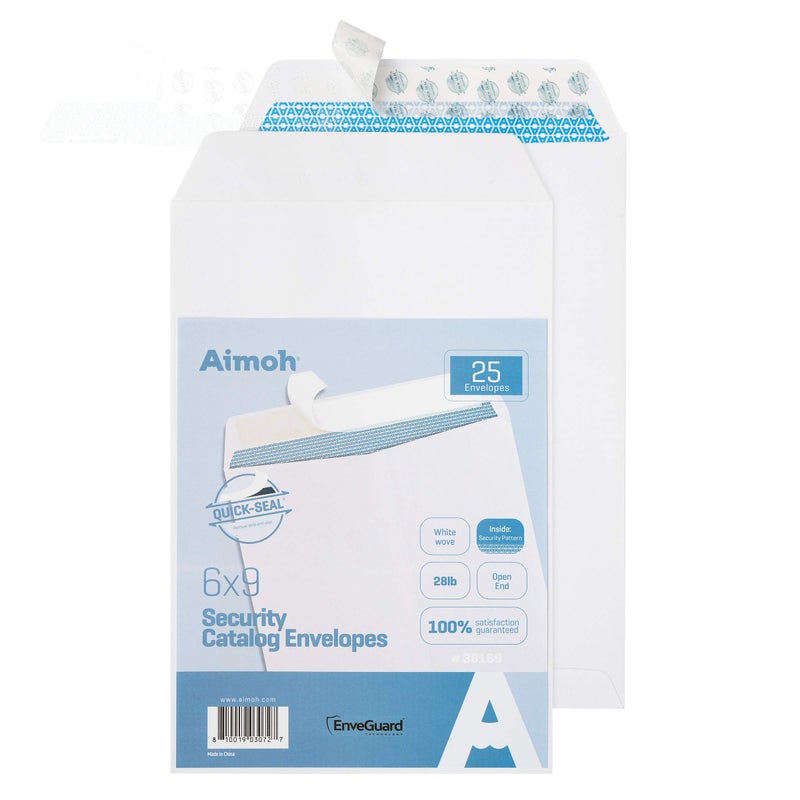 Aimoh 25 6 x 9 Self-Seal Security White Catalog Envelopes - 28lb  25 Count  Security Tinted  Ultra Strong Quick-Seal  6x9 inch (38169) - Image 1